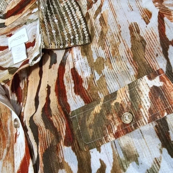 CHICOS 2 Neutral Zebra Chic Joceline Top Long Sleeve Sequin Collar - Picture 7 of 16